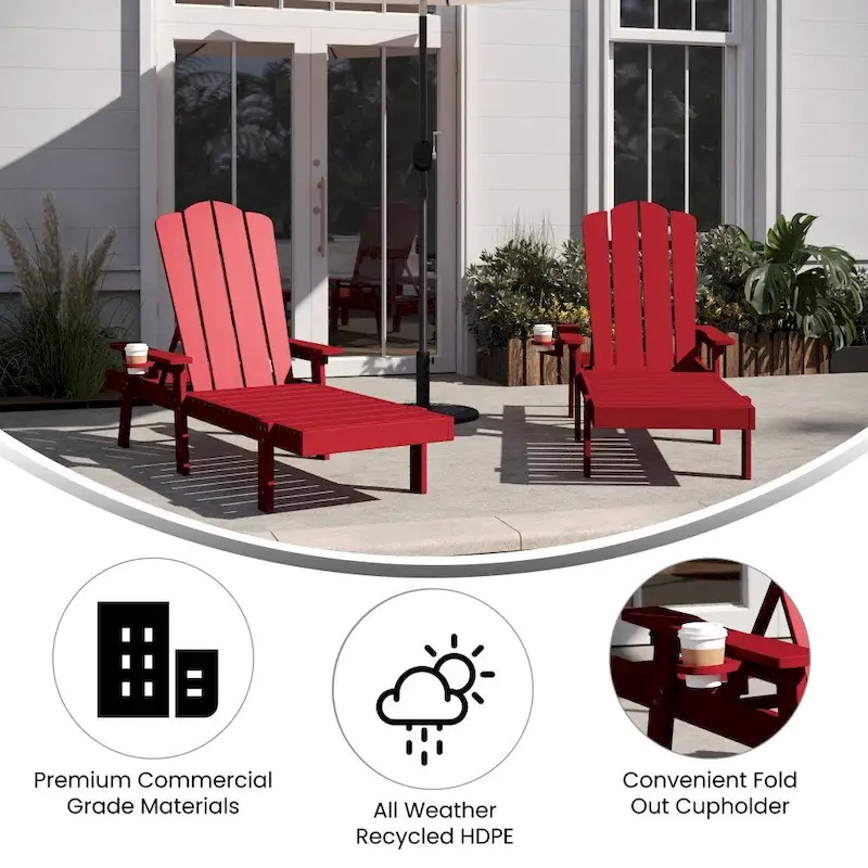 Set of 2 All-Weather Commercial Adjustable Lounge Chairs with Cupholders