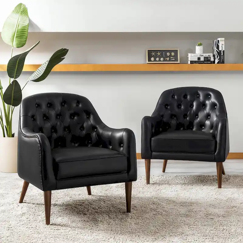 Melisa Classic Genuine Leather Wood Legs Barrel Chair With Tufted Back Set Of 2 By HULALA HOME