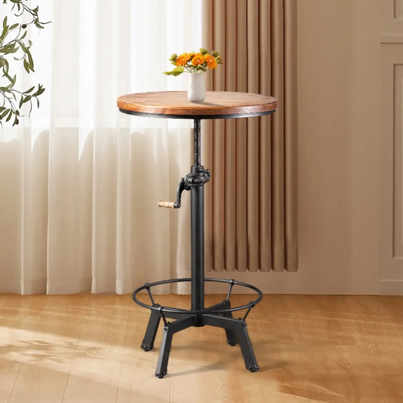 Adjustable Height Industrial Wood Iron Pedestal Bar Table