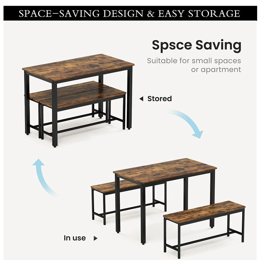 Dining Table Set, Wood Bar Table Set, Kitchen Table w/2 Benches - 3-Piece
