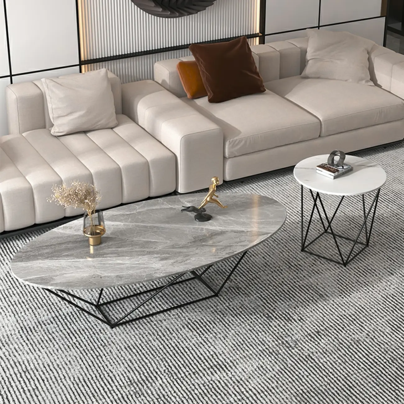 Stylish Metal Black Oval Coffee Table with Geometric Base