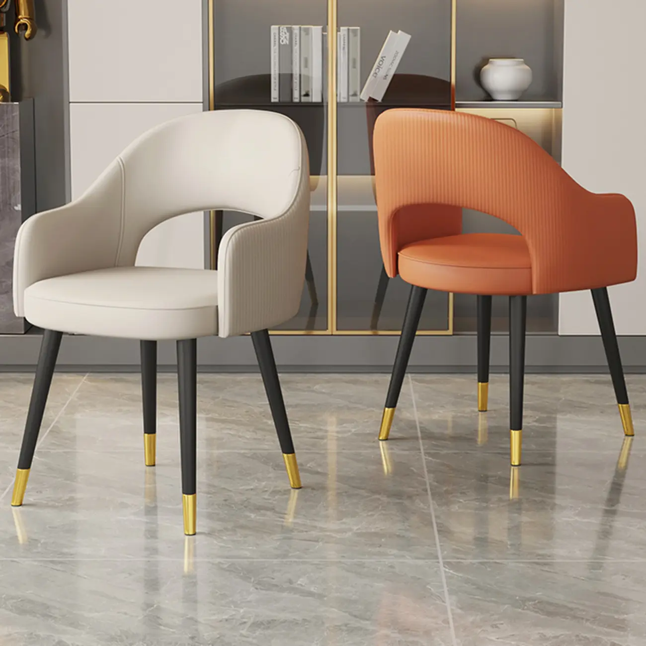 Open Curved Back Leather Armrest Dining Chairs