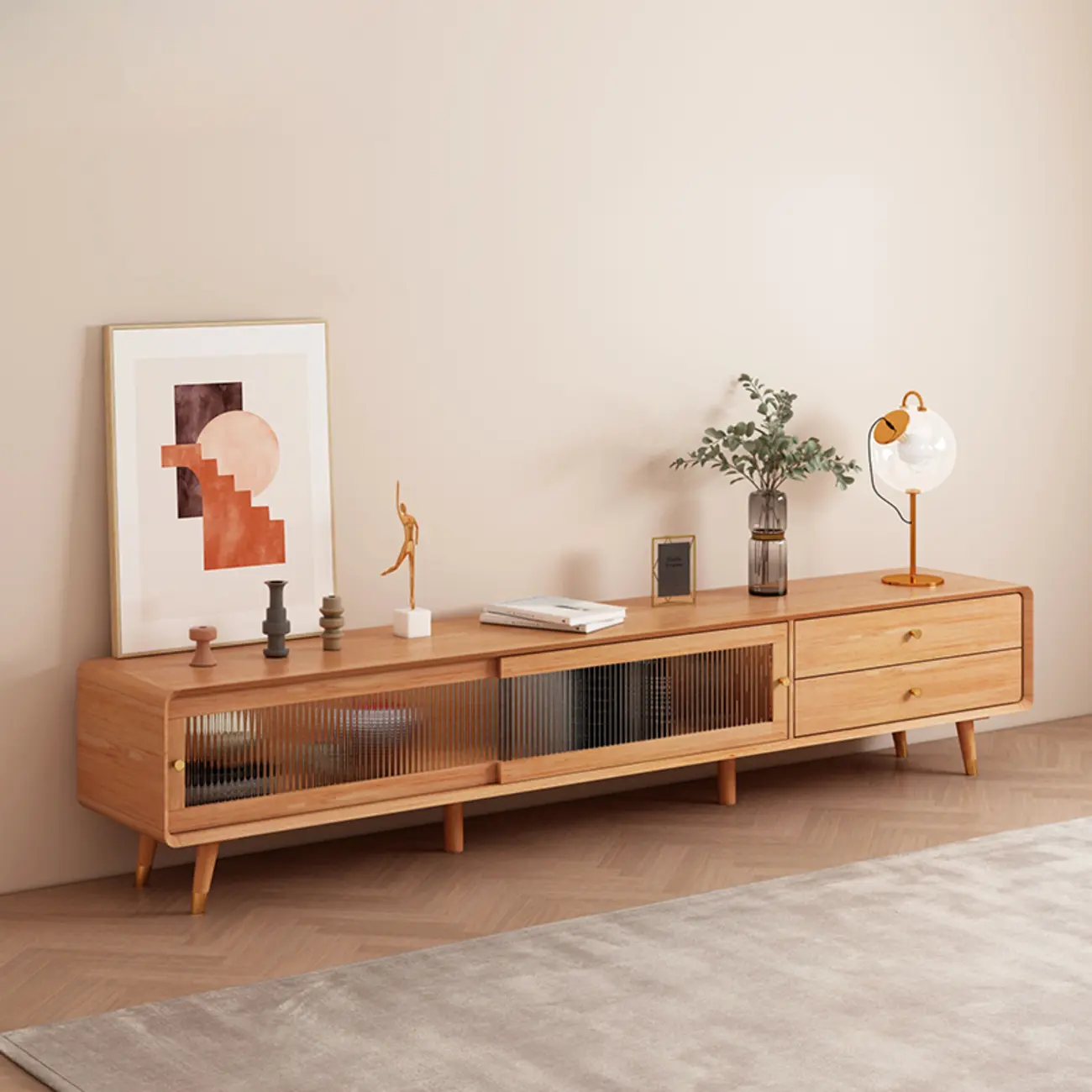 Long Brown 2-Drawer Pine Modern TV Stand with Cabinet