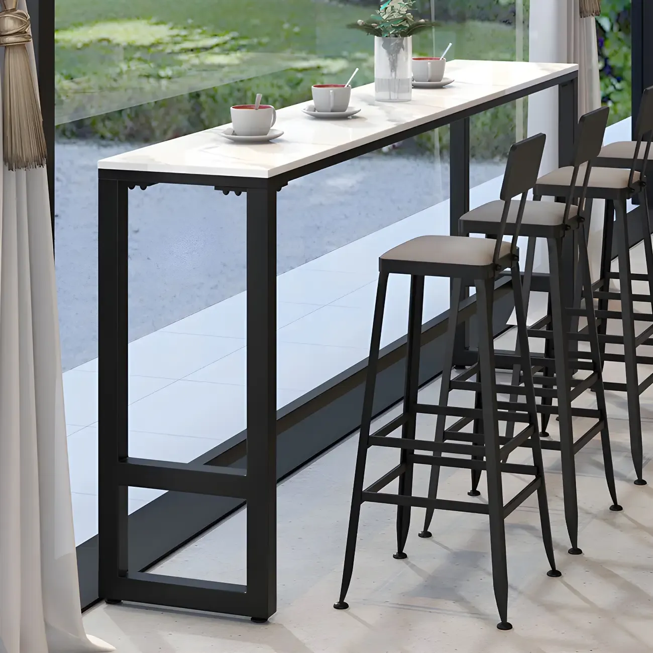 Rectangular White Marble Top Bar Tables with Iron Base