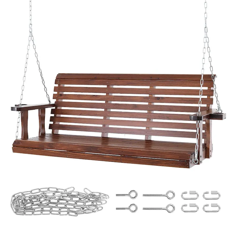 Wooden Porch Swing Heavy Duty Swing Chair Bench with Hanging Chains for Outdoors