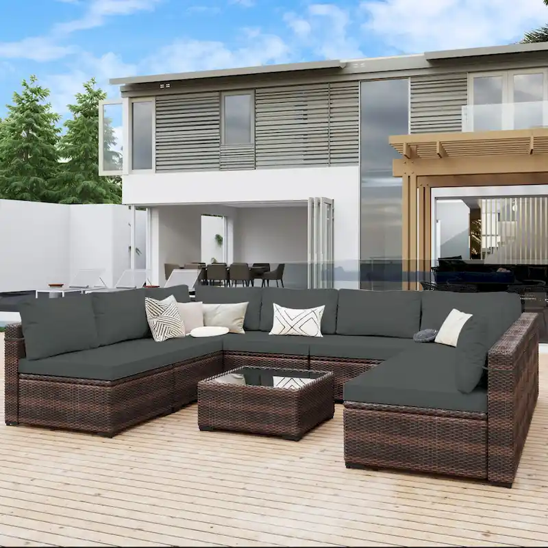 UPHA 9-piece Cushioned Wicker Patio Conversation Seating Set