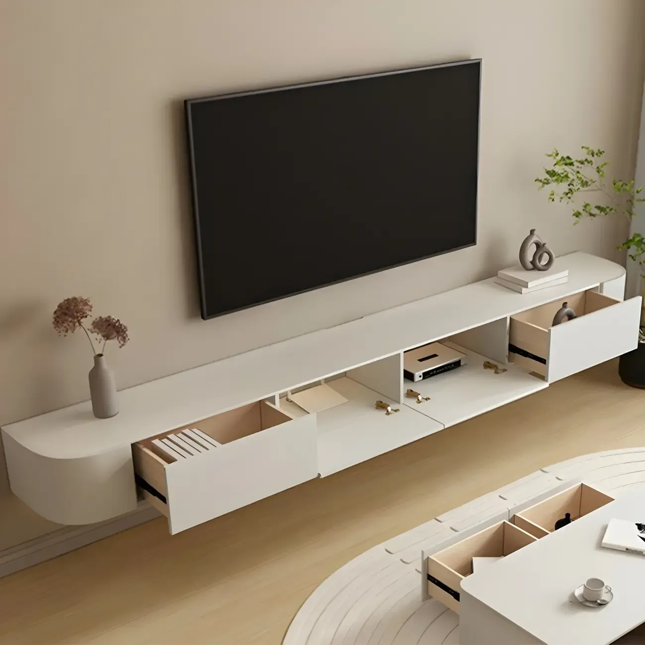 Modern Wooden Wall-Mounted TV Stand in White
