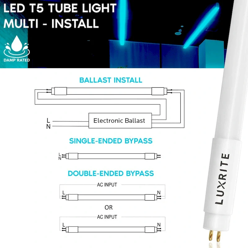 Luxrite 4FT T5 LED Tube Lights, 24W=54W, 45.78 , Ballast and Ballast Bypass Compatible, Damp Rated 12 Pack