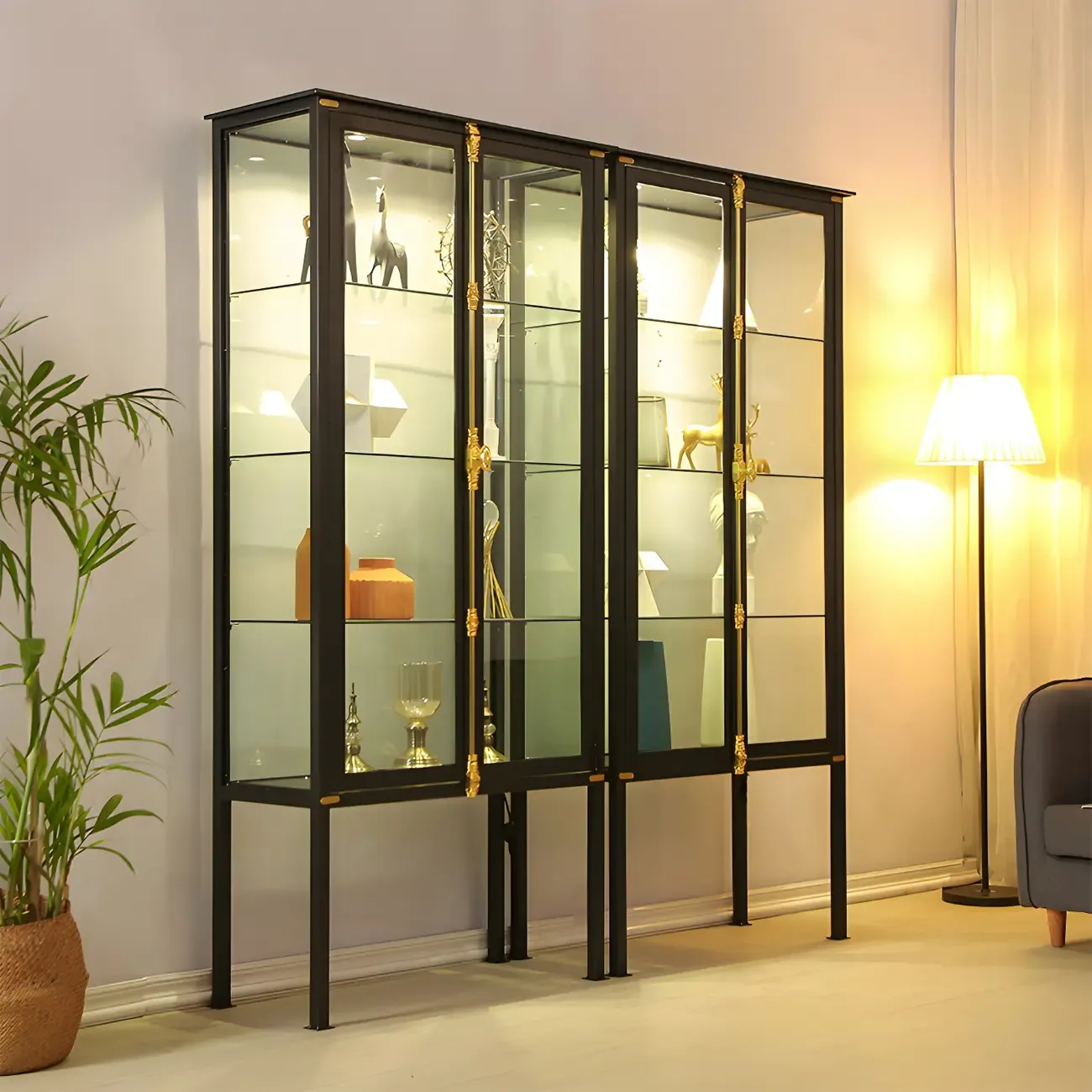 Glam Black Metal Frame Glass Curio Cabinet