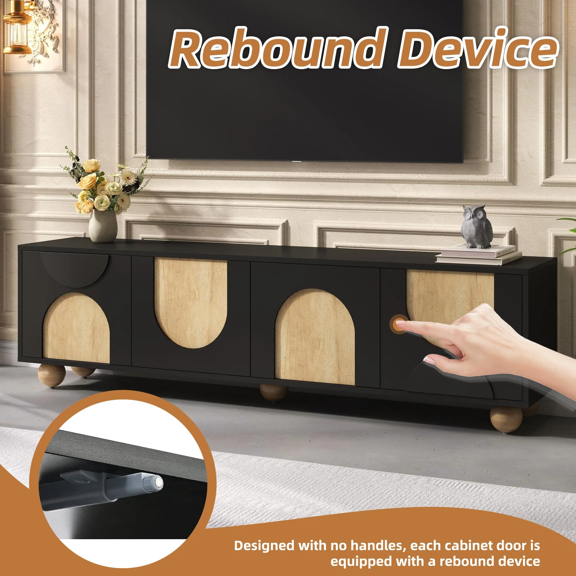 Modern Curve Shape Two Tone 69.6' TV Stand with Ball Feet Detail
