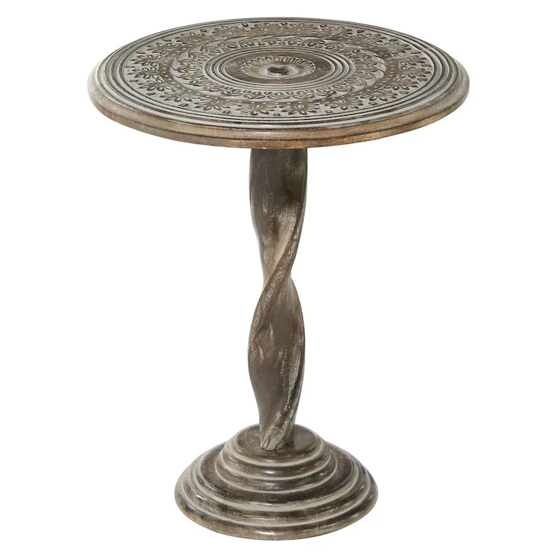 Mango Wood Floral Intricately Carved Side End Accent Table with Spiral Leg and Gray Distressing - Brown - Roche River Decor
