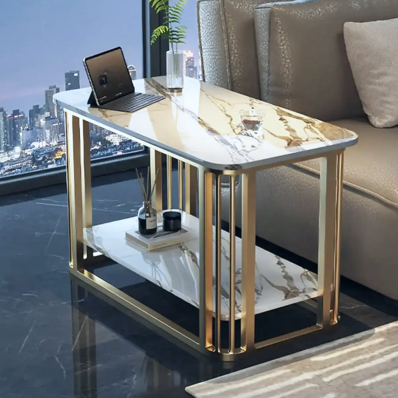 Luxury Rectangular Gold 2-Tier Coffee Table with Stone Top