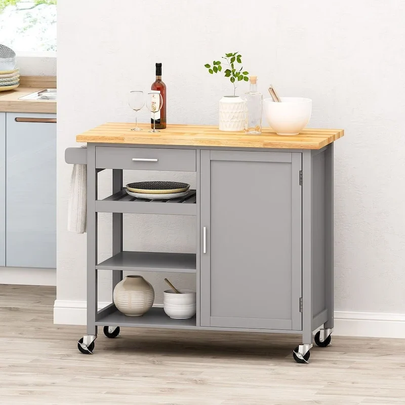 Modern Wooden Kitchen Cart with Wheels Drawer and Cabinet by Christopher Knight Home