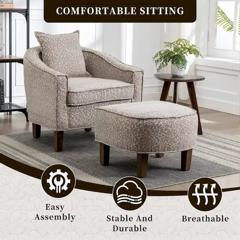 Linen/Polyester Upholstered Mid Century Barrel Chair with Ottoman