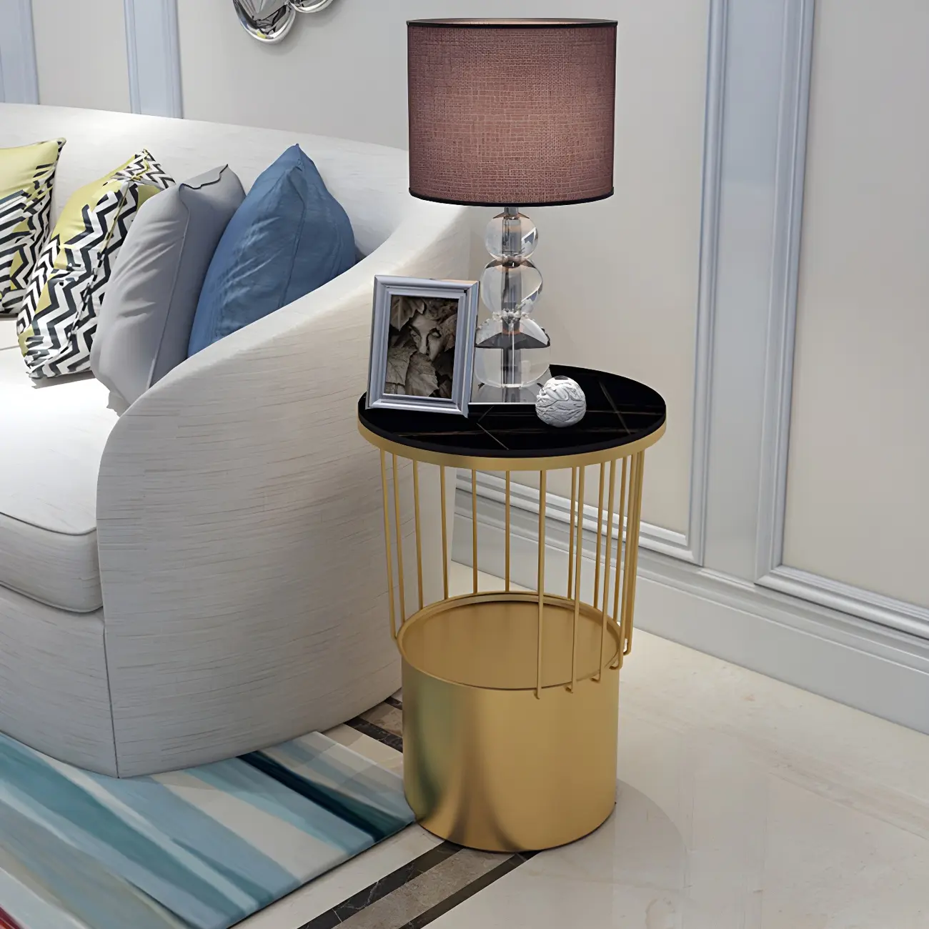 Modish Style Metal Drum Shape Bedside Table with Open Storage