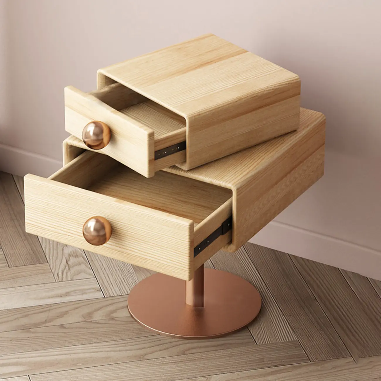 Modern Metal Faux Leather Swivel 2-Drawer Nightstand