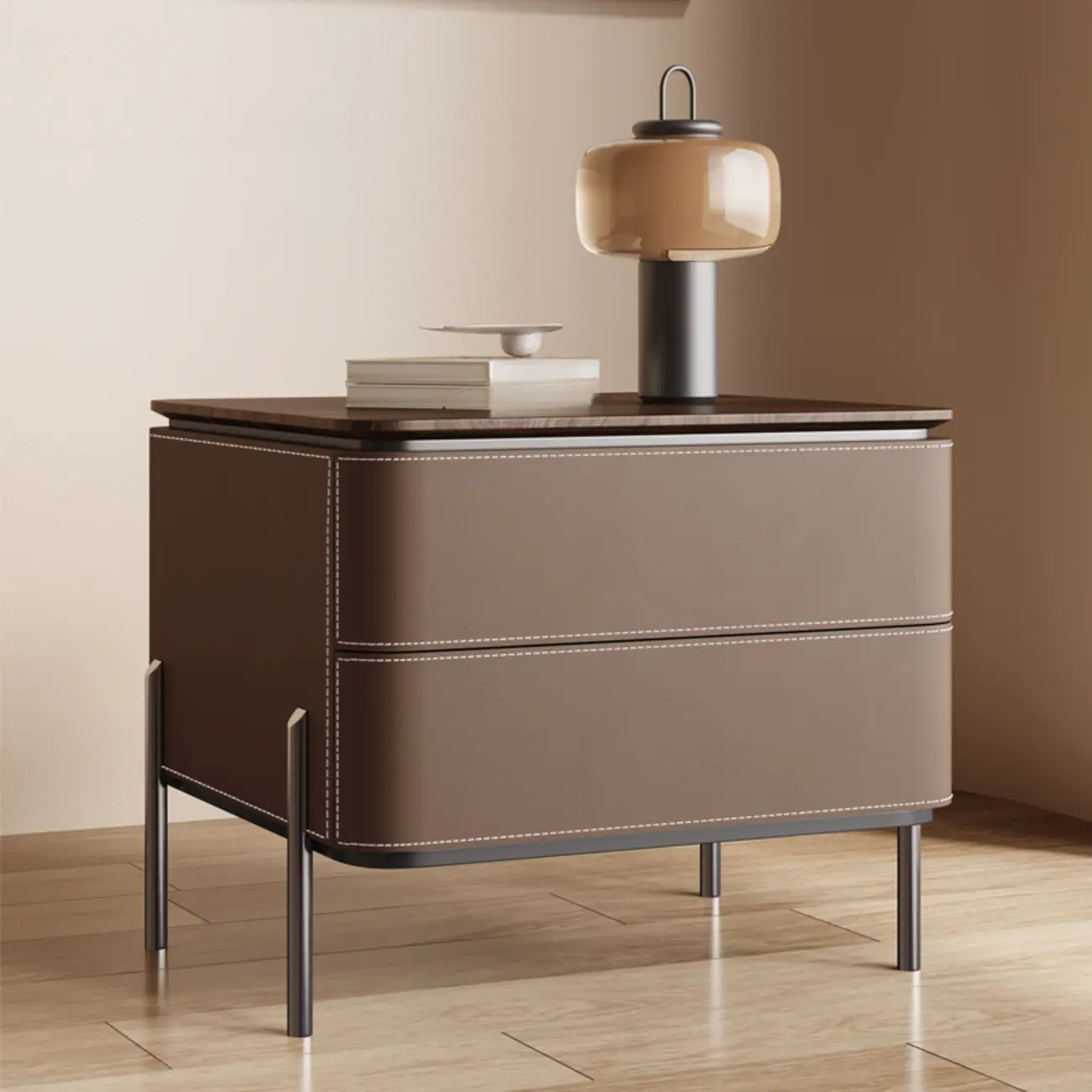 Modern Wood Top Leather Drawer Nightstand Including Metal Legs