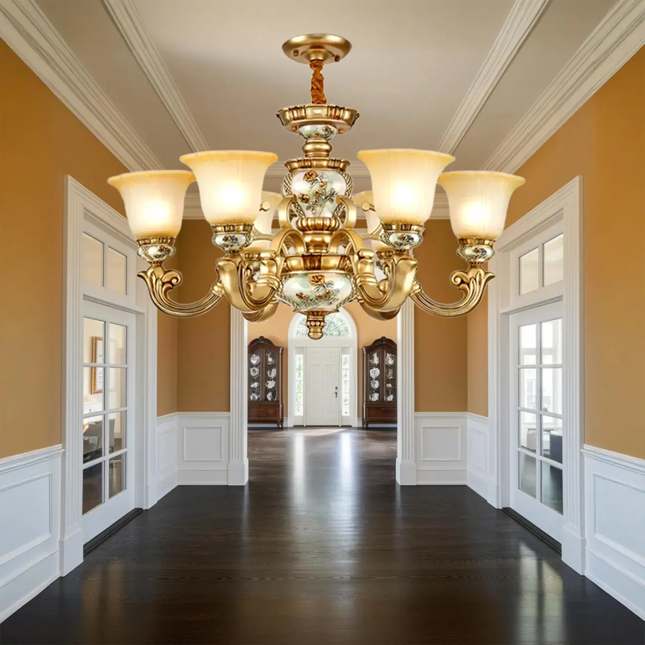 Antique Gold Ceramic Chandelier with Frosted Glass Bell Shape