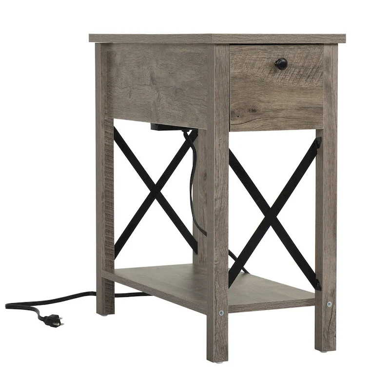 Farmhouse Flip Top Nightstand End Table W/Drawer 2AC Outlets 2USB