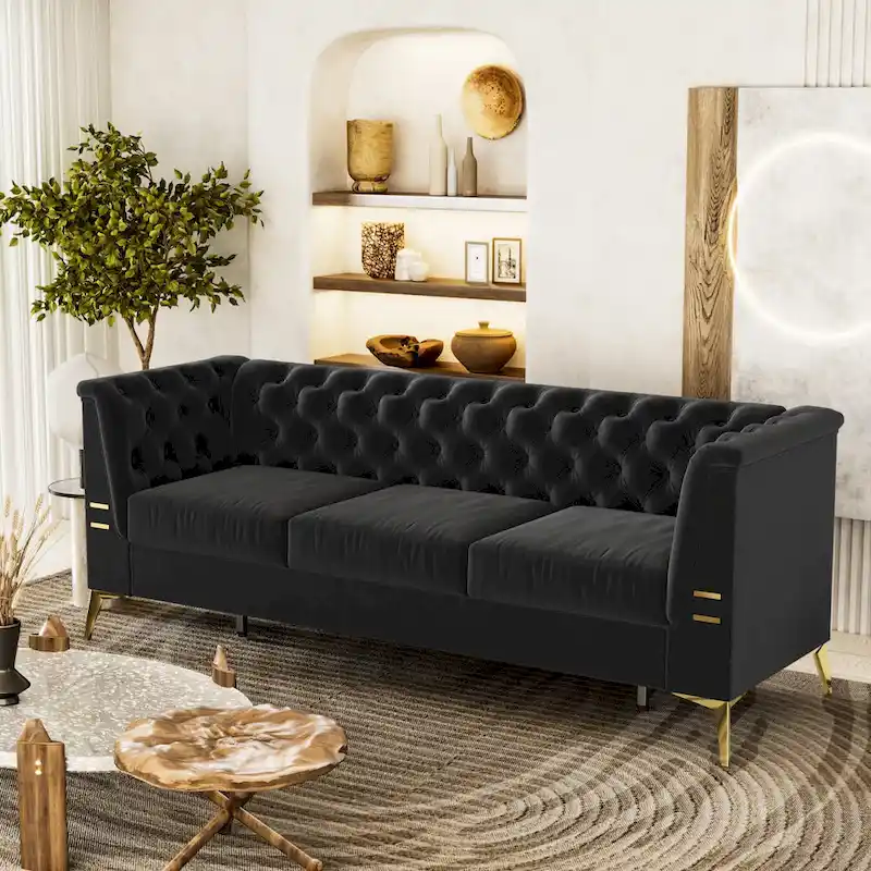 82.7 Velvet 3-Seater Sofa with Gold Metal Legs