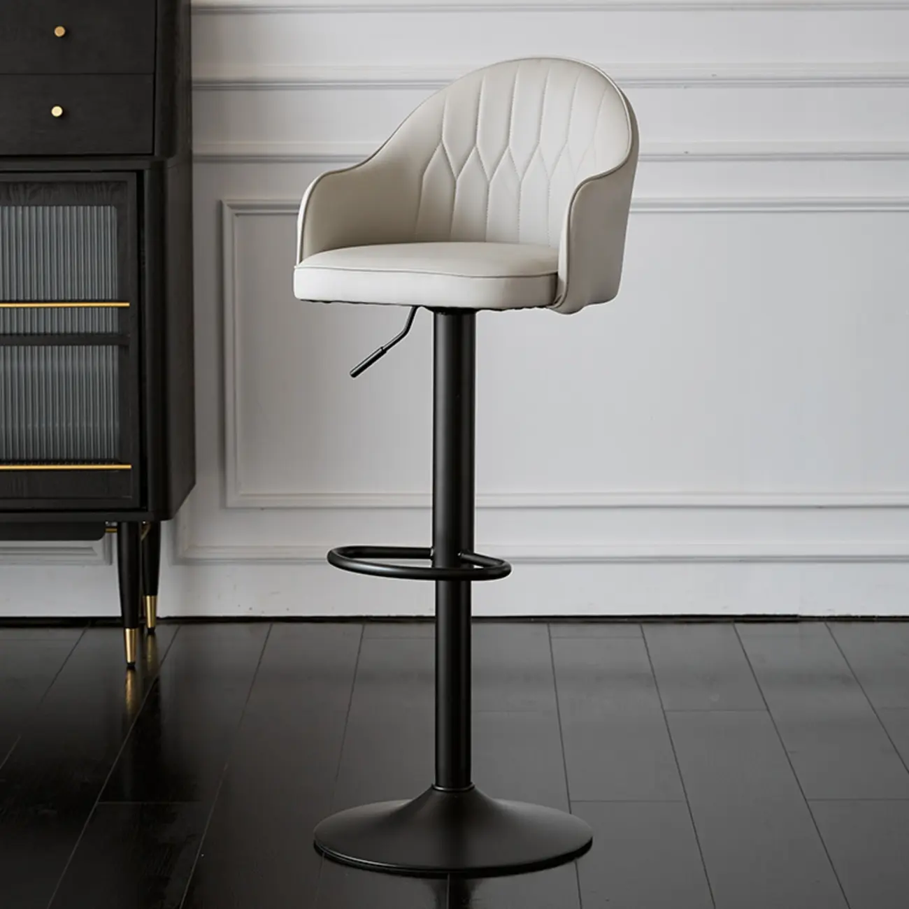 Swivel Upholstered Adjustable Height Home Armed Barstool with Metal Base