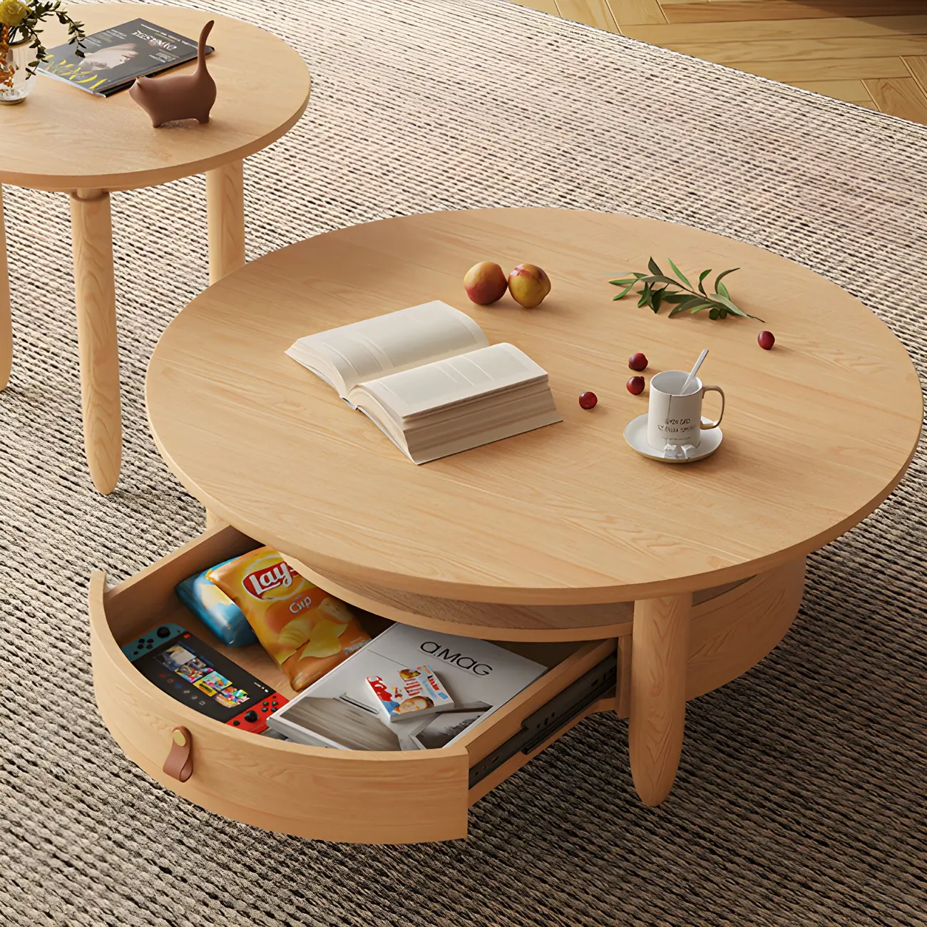 Brown Round Modern Wood Glass Drawer Coffee Table