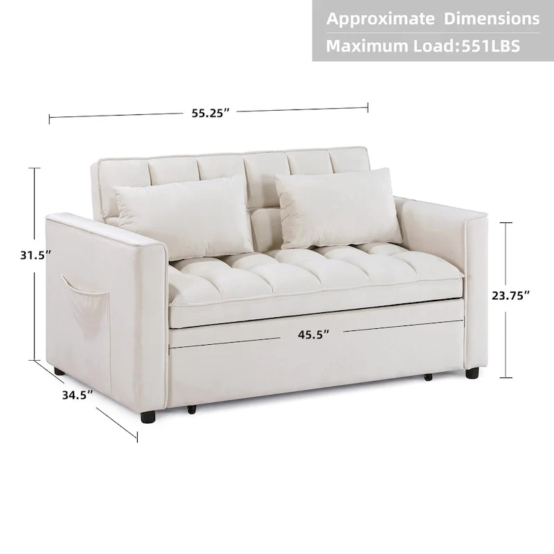 Modern 68 Length Tufted Convertible Loveseat Sleeper Sofa Bed - 68L x 55W x 20H