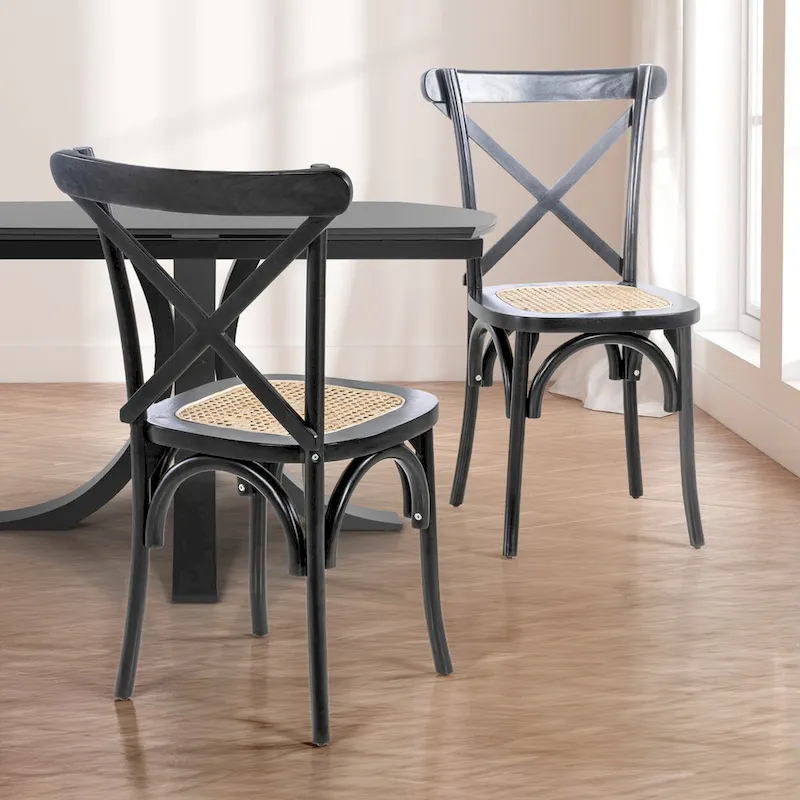 Colmar Classic Traditional X-Back Wood Rattan Dining Chair, Natural (Set of 2) by JONATHAN Y