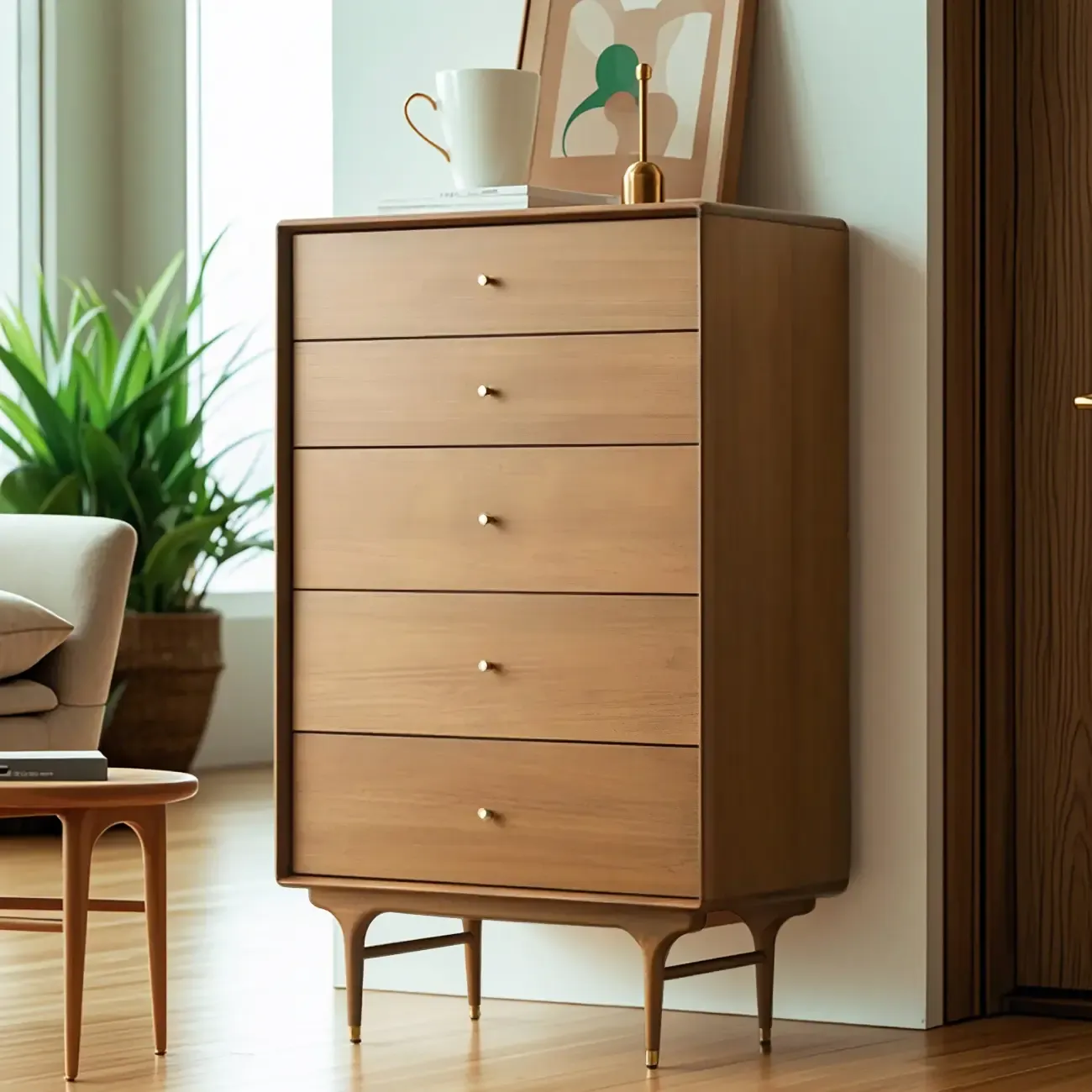 Retro Wooden Vertical Dresser with Soft Close Drawers & Storage