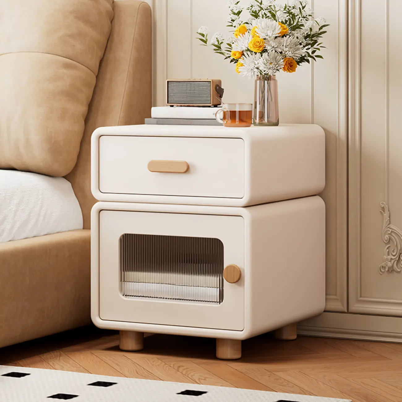 Durable Sleek Edge Wood Cream Bedside Cabinet Nightstand