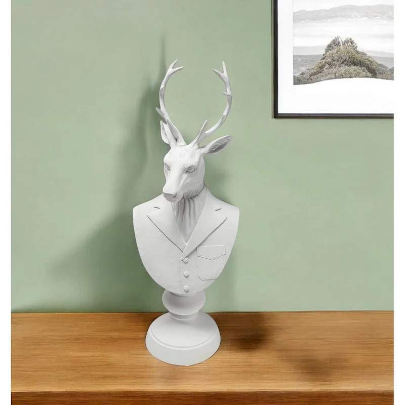 HomeRoots 23  White Polyresin Suited Deer Bust Tabletop Sculpture - 6  W x 8  D x 23  H