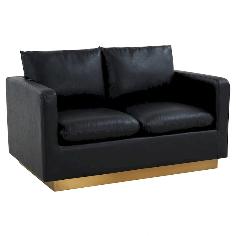LeisureMod Nervo Modern Leather Loveseat With Gold Base & Cushions - 55.9
