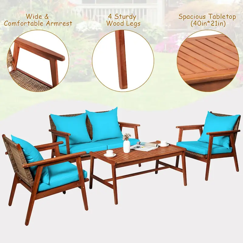 Costway 8PCS Patio Rattan Furniture Set Acacia Wood Frame Cushioned