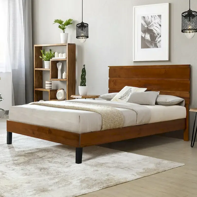 Mid-Century Modern Solid Wood Bed Frame Queen Size Platform Bed with Three-Piece Headboard Design, No Box Spring Needed, Brown