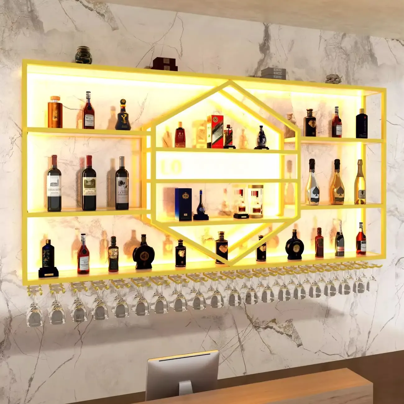 Geometric Metal Black Floating Wine Rack with Light