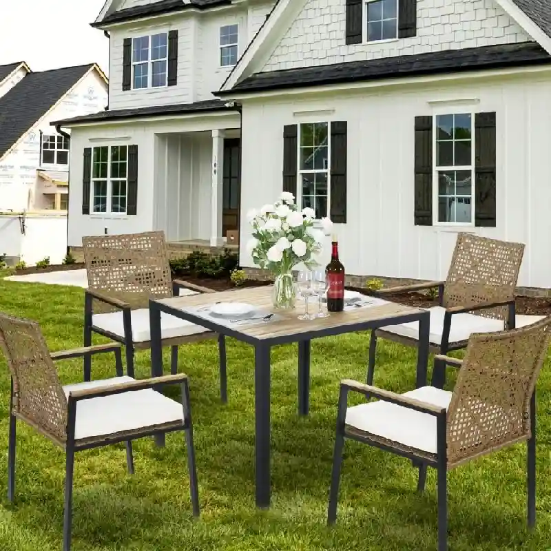 All Weather 5-Piece Patio Dining Set with Umbrella Hole and Acacia Wood Table Top