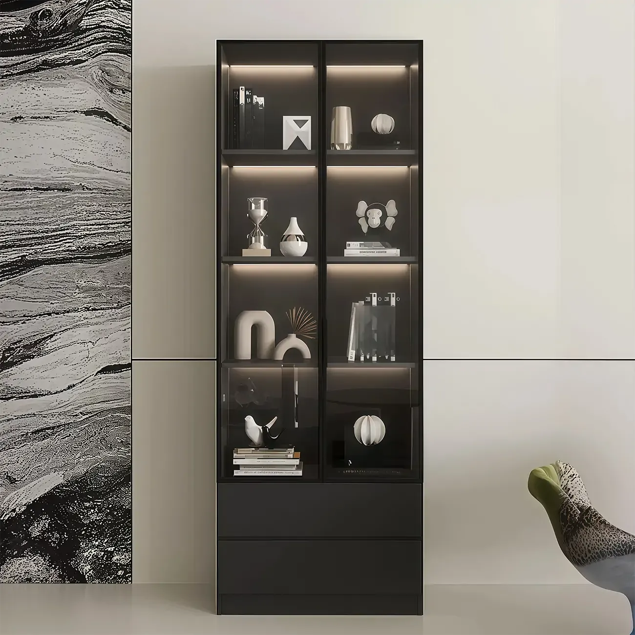 Black Freestanding Wood Wine Cabinet with Glass Doors