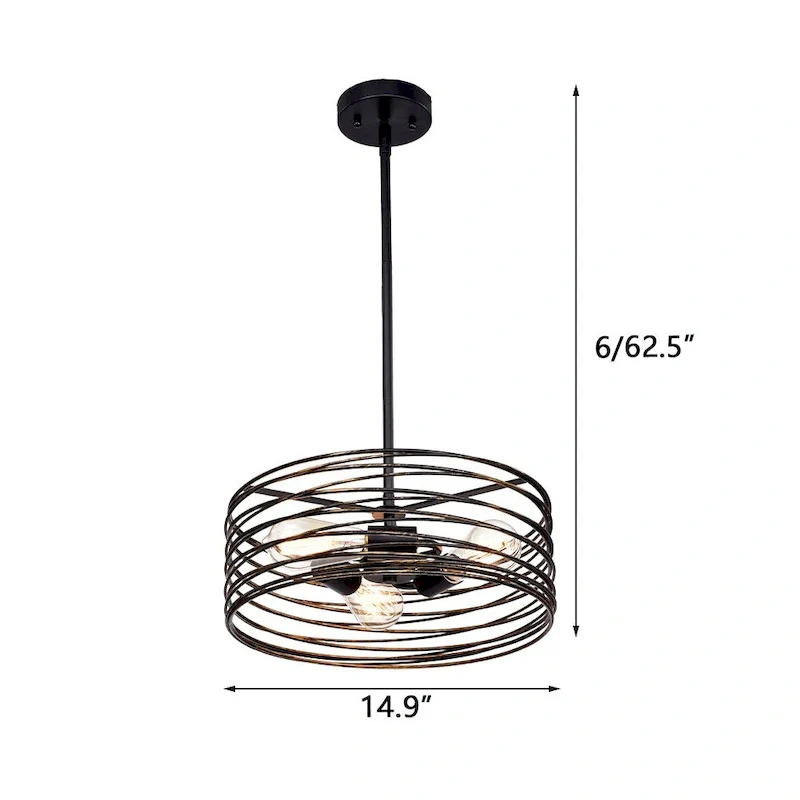 3-Light Black Round Iron Ceiling Lamp Chandelier with Black Ringed