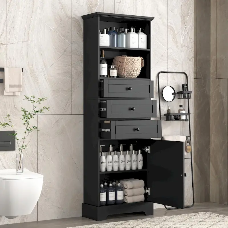 Tall Storage Cabinet with 3 Drawers and Adjustable Shelves for Bathroom