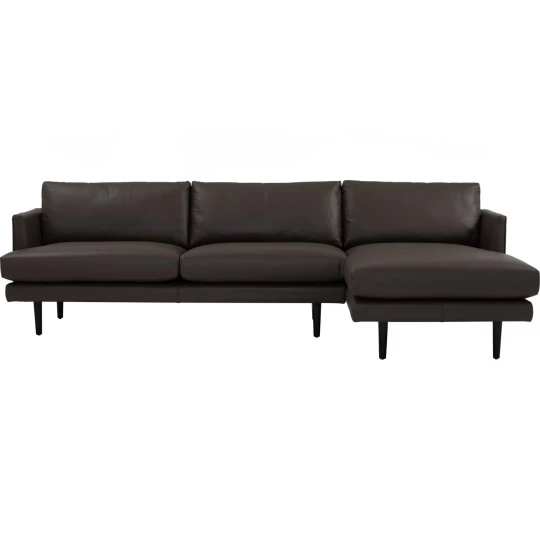 L-shaped leather sofa in a dark chestnut brown color