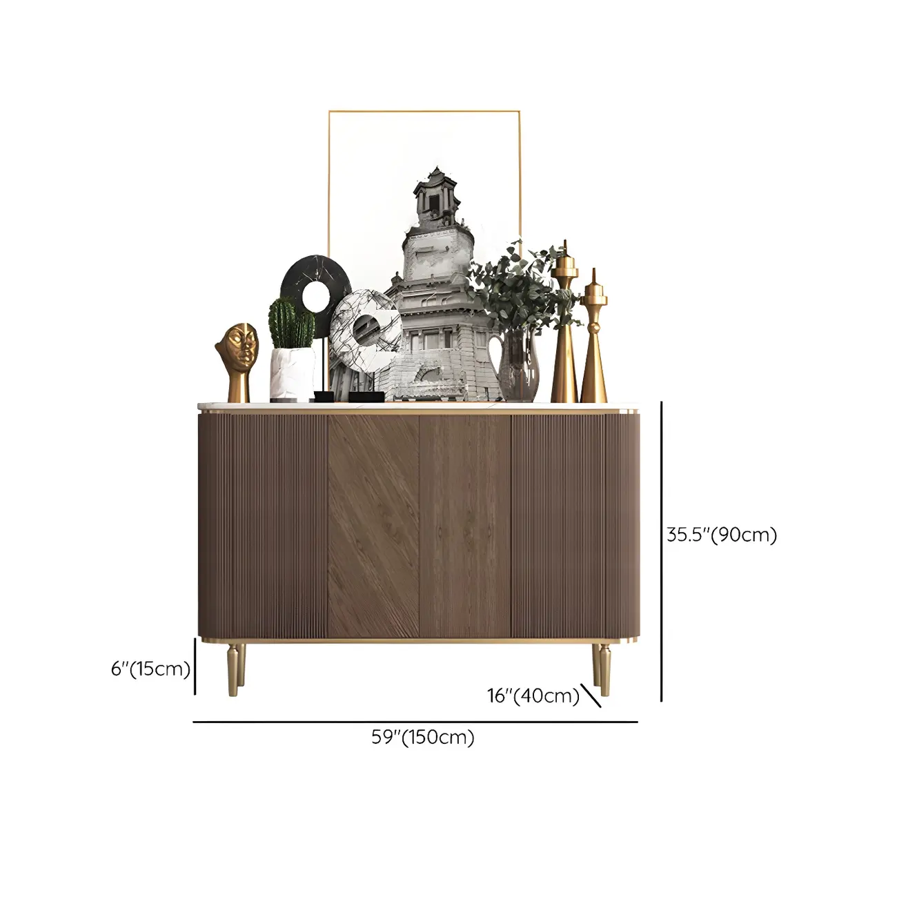 Glam Brown Wooden Sideboard with Marble Top