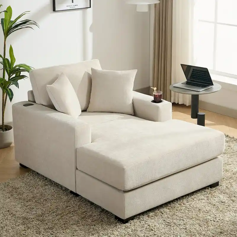 43.5 Chenille Fabric Chaise Lounger Sofa Couch with Pillows, Charge Station & Cup Holders