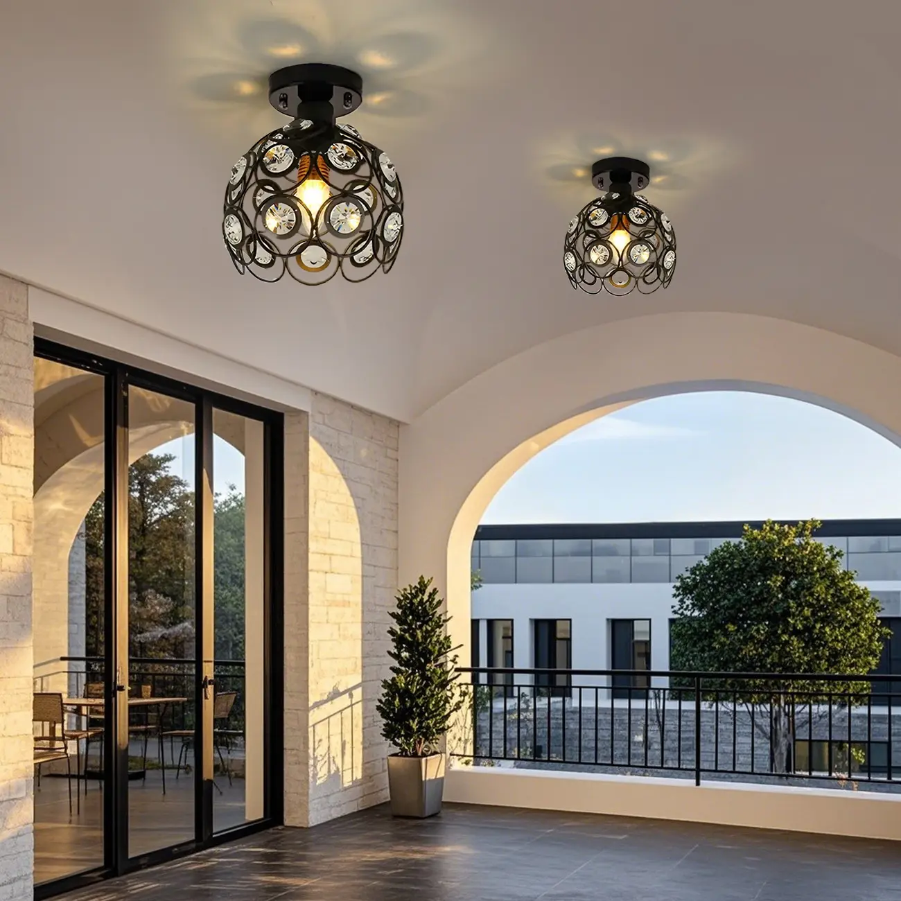 Industrial Hollow Dome Semi Flush Ceiling Light with Crystal