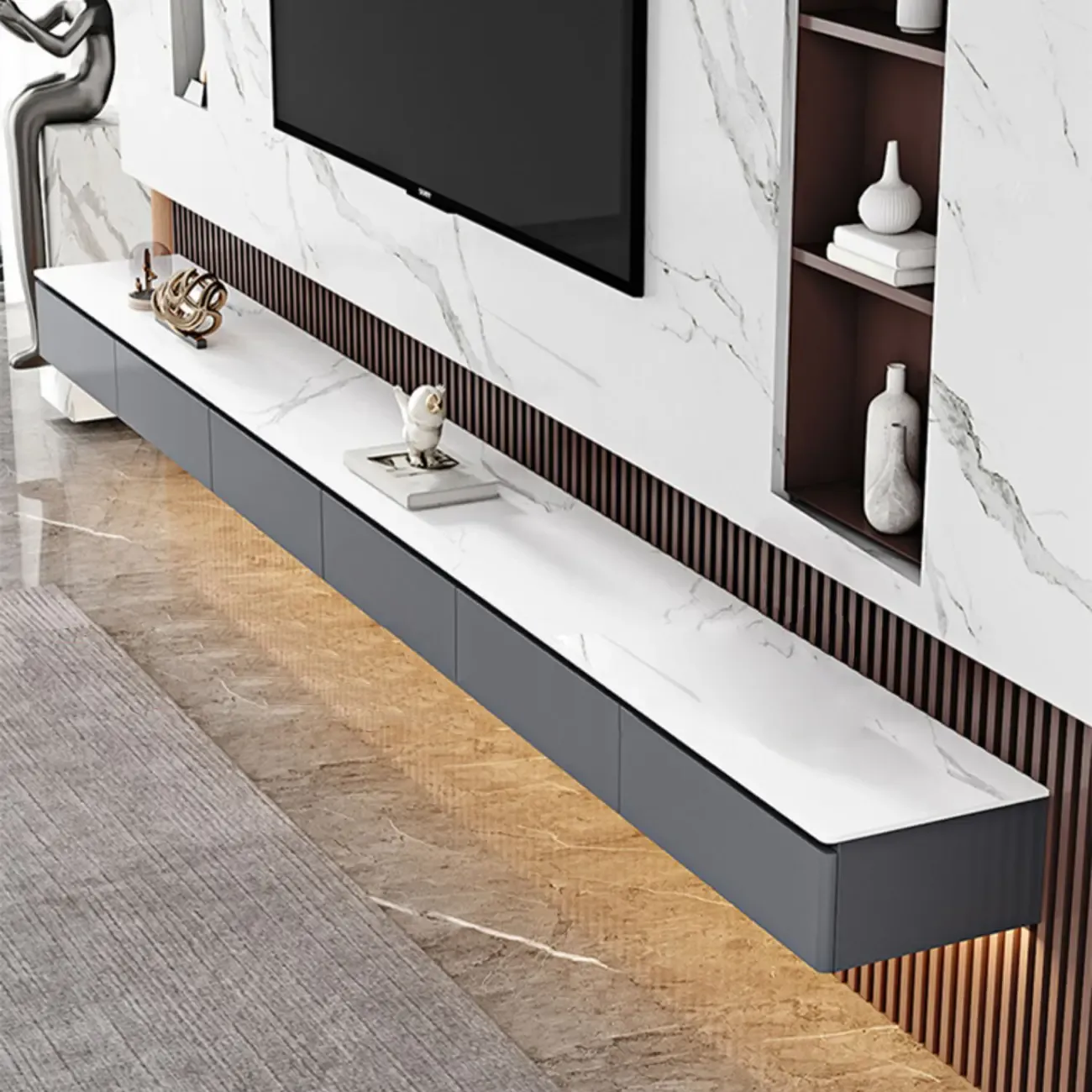 63 Grey Stone Floating Cable Management Drawers TV Stand