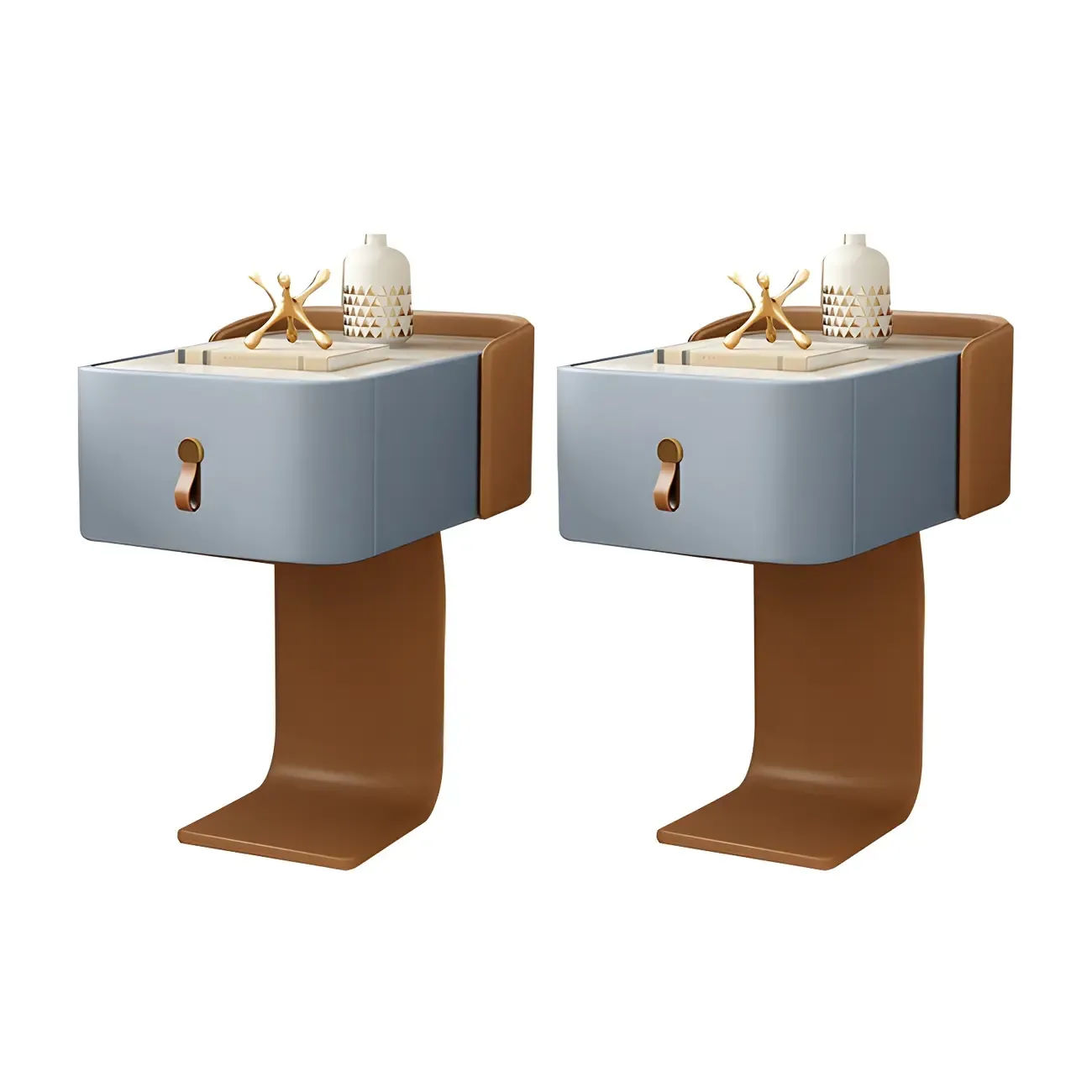 Khaki Stone Top Wood C-Shaped Nightstand with Drawer