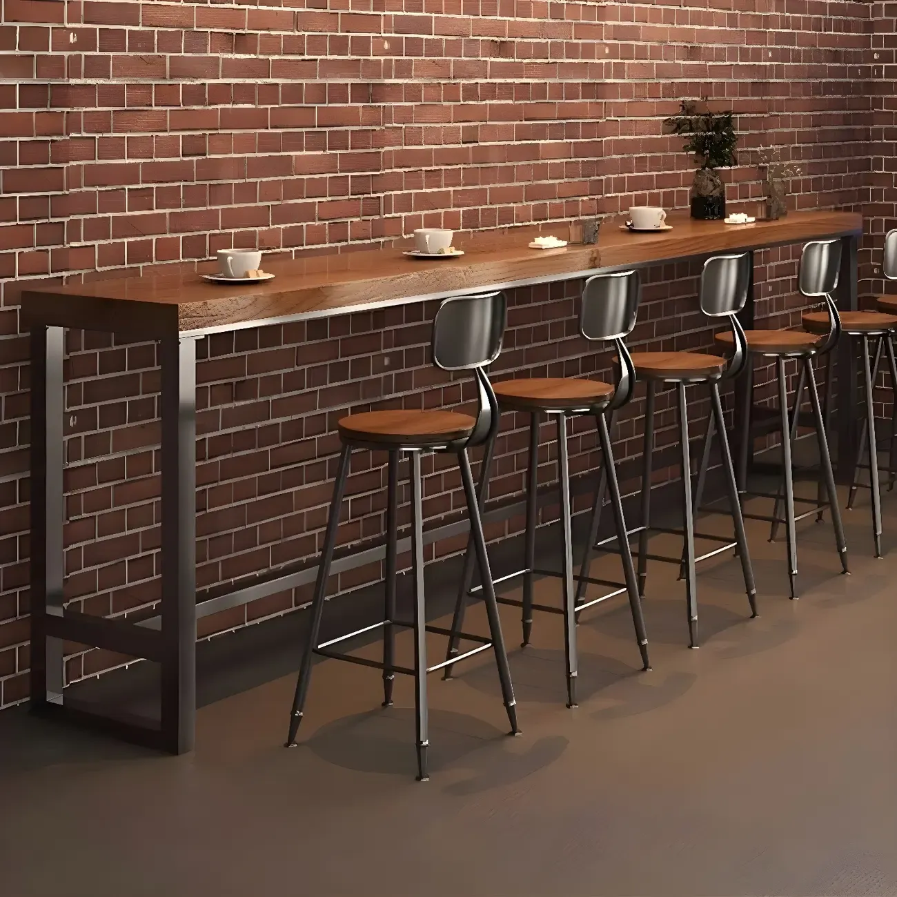 Industrial Brown Pine Wooden Metal Trestle Bar Tables