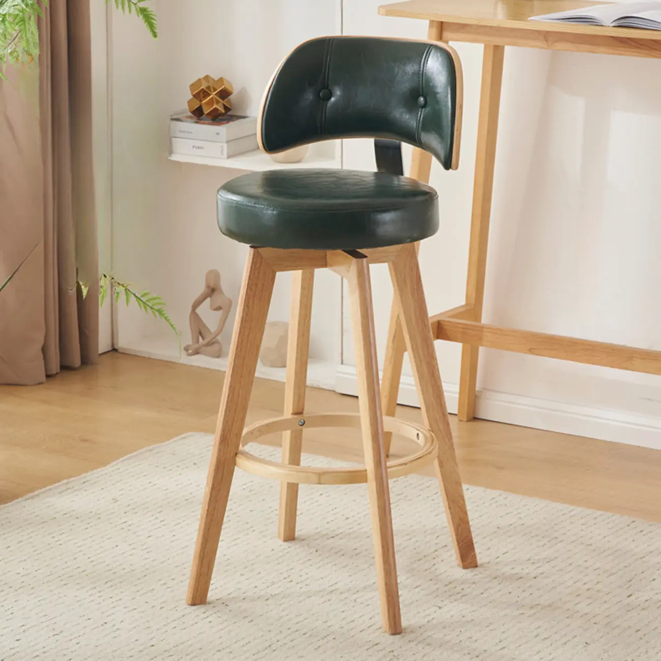 Natural Wood Round Leather Swivel Bar Stools