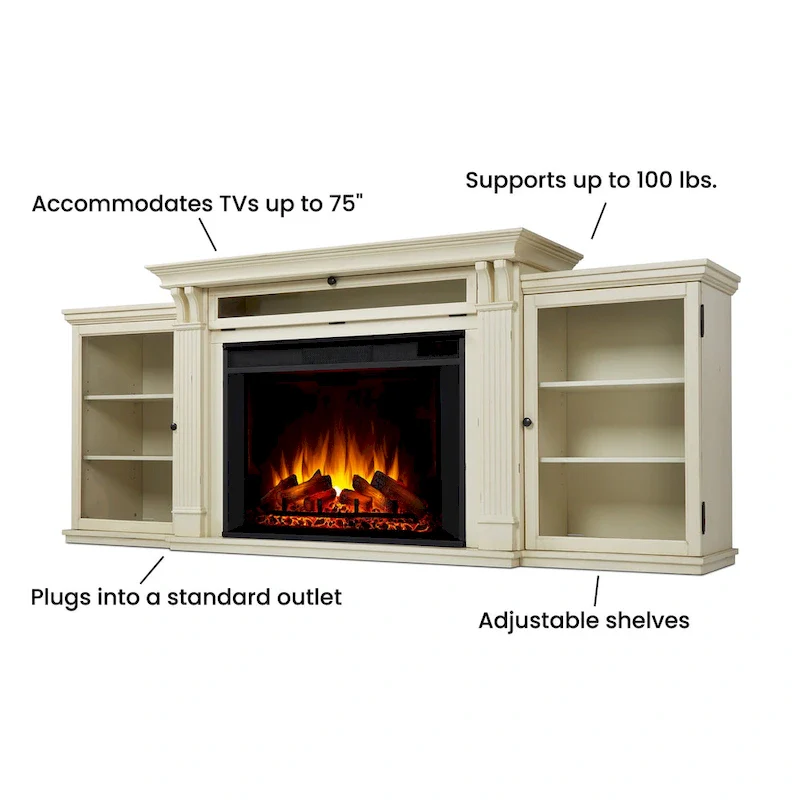 Tracey 84   TV Stand Electric Fireplace in Distressed White by Real Flame