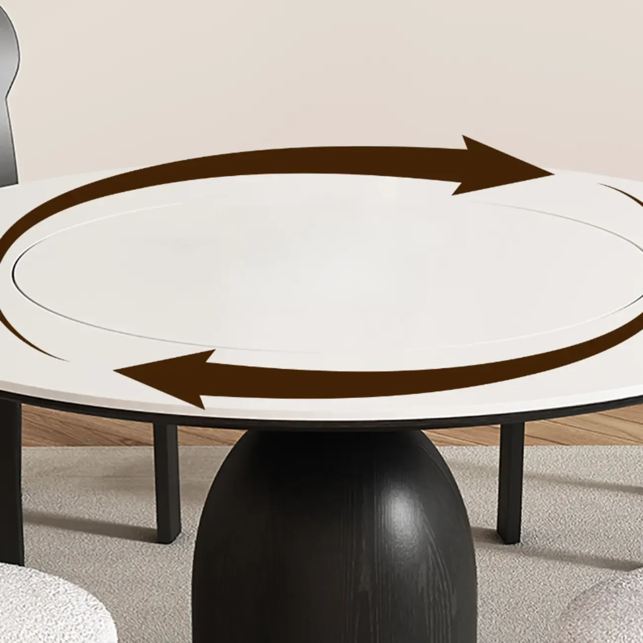 Simple Black Wood Round Stone Dining Table