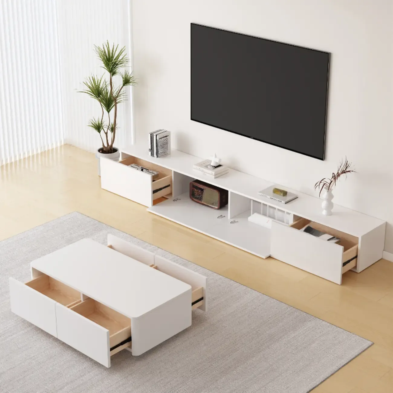 Modern White Wood TV Stand with Cable Management